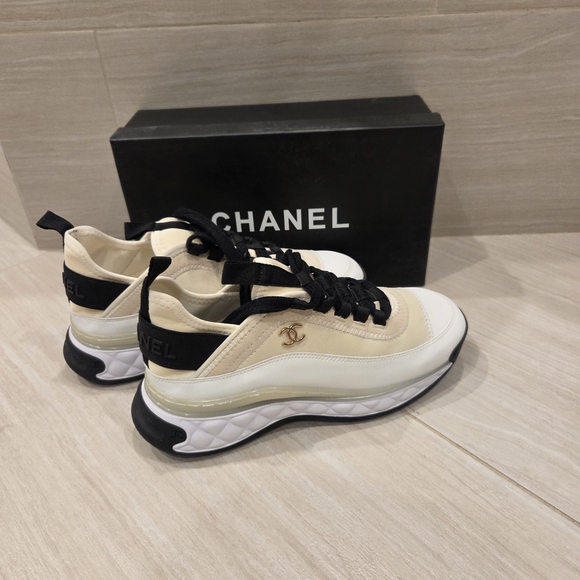 CHANEL Shoes - CHANEL Cream, White & Black CC Logo Platform Sneakers